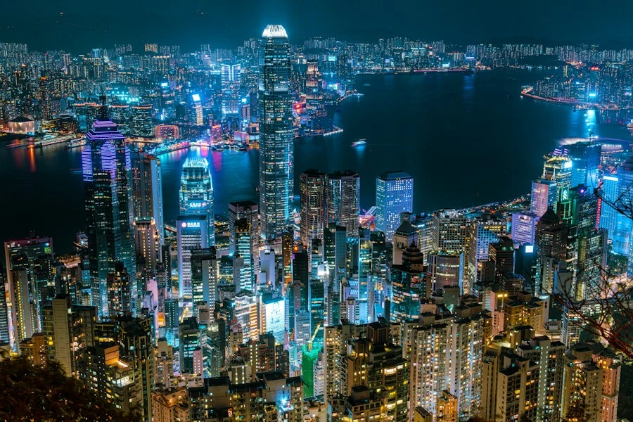 The illuminated skyline of Hong Kong at night viewed from Victoria Peak