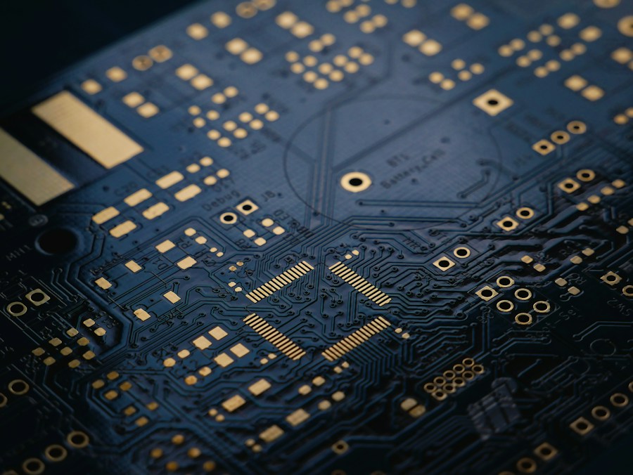 close up of dark blue circuit board